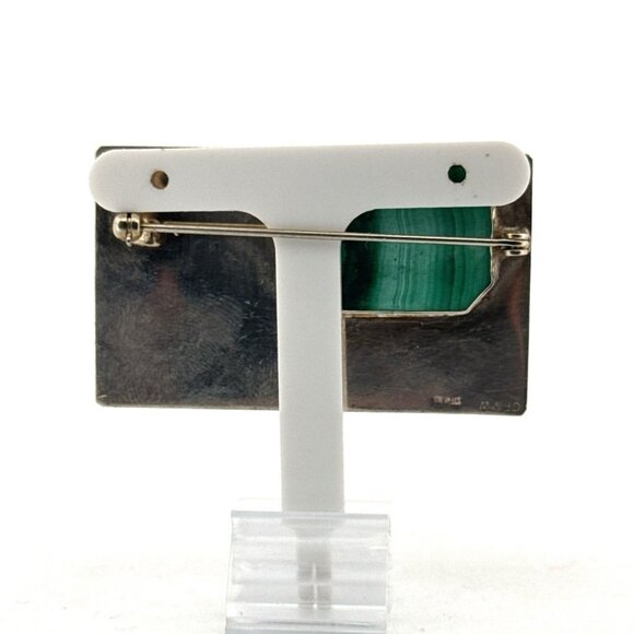 Estate Sterling Silver Moose & Pine Tree Malachite Inlay Rectangular Brooch Pin - Picture 3 of 8
